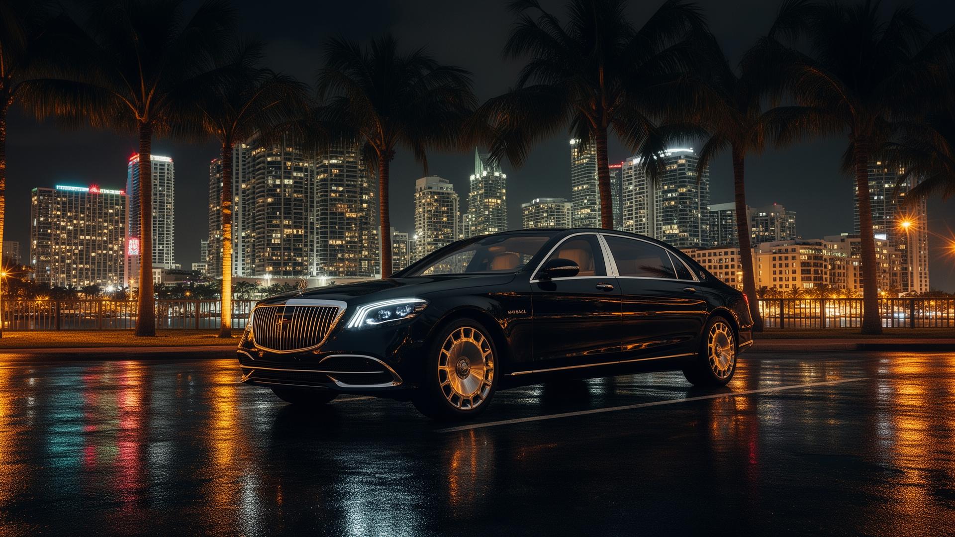 Luxury black chauffeur sedan in Miami at night